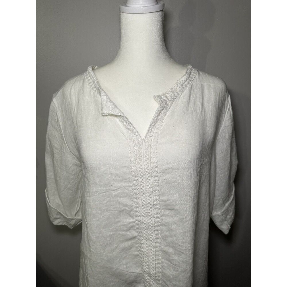 Terzo Millennio Linen Top Small White Bell Sleeve Half Sleeve V Neck Embroidered